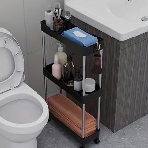 3-Tier Rolling Storage Cart with Matte Stainless Steel and Plastic - Space-Saving 360° Swivel Wheels, Ideal for Bedroom, Living Room, Kitchen, Bathroom | Multi-Functional Organizer for Home Essentials, Slim Rolling Storage Cart