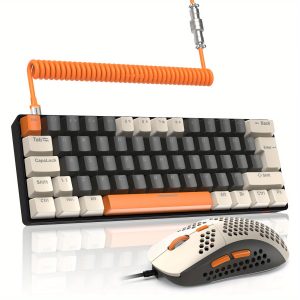 RK-T60 Wired Mechanical Gaming Keyboard and Mouse Combo Mini Portable with Rainbow Backlit 62Key NKRO 6400DPI RGB Honeycomb Mice Coiled Aviator C Cable for PS4/PC/WIN Gamer(Blue/Red Switch)