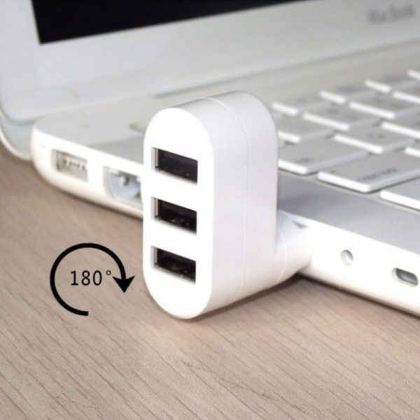 3-Port USB Hub Splitter with 180° Rotatable Connector - Flat Plastic Mini USB Adapter for Laptop and PC, Uncharged, Female to Male Connector, No Battery Required