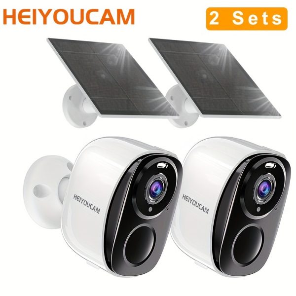 HEIYOUCAM 2-Pack Wireless Security Cameras, 3MP Night Vision with Spotlight, Solar-Powered Outdoor Cameras, PIR Human Detection, 2-Way Audio,, SD/Cloud Storage, 1296p Video, 2.4GHz WiFi, Rechargeable Lithium Battery, Flood Light Security System for Home Surveillance