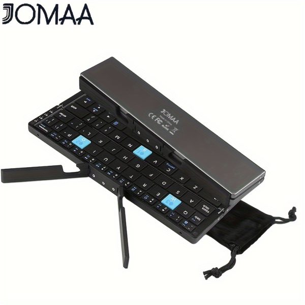 JOMAA Ultra Mini Wireless Keyboard - Foldable, Rechargeable, Wireless 3.0, Aluminum Alloy, Compact Design for Android, Windows Tablets & Smartphones, 3 Device Connectivity, Built-in Stand, Portable & Lightweight