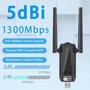 Wireless USB 1300Mbps 5Dbi PC Wifi Adapter with Built-In High-Gain Dual-Band Antenna for 5.8G/2.4G Desktop Computers, Compatible with Windows 7/8.1/10/11 Plug And Play, Instantly Enabling Your Computer with Wifi And Mobile Hotspot Capabilities!