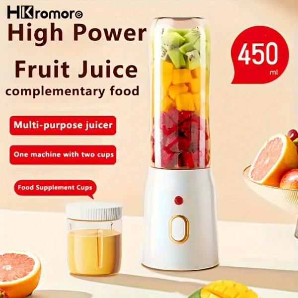 HKromore Portable Dual-Cup Juicer - 450ml, USB Rechargeable, Ideal for Students & Home Use, Multifunctional with Food-Grade PP Material