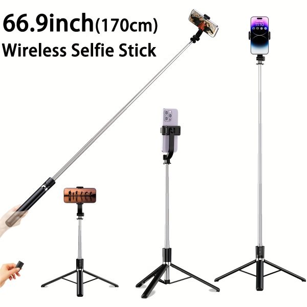 66.9-inch Extendable Wireless Selfie Stick with Remote, Foldable Monopod Phone Tripod for Smartphones, Wireless Enabled, Non-Rechargeable Button Battery