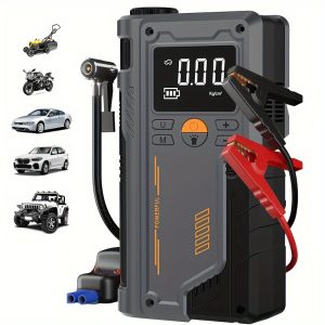 Multifunctional Portable Wireless Car Emergency Starter with Tire Inflator Pump, Air Compressor, LED Flashlight, and Emergency Light - USB Rechargeable 8000mAh Lithium Battery, Easy Tire Inflation Modes, Display Screen