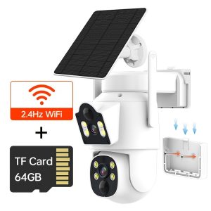 ZHXINSD 6MP Dual Lens Security Camera with Solar Panel, PTZ Monitoring, 2.4G WiFi, Color Night Vision, Ultra Wide Angle, PIR Motion Detection, Two-Way Audio, Wall Hanging, 2160p Video, Application Control, Outdoor,, Rechargeable Lithium Battery, AI Alarm Detection