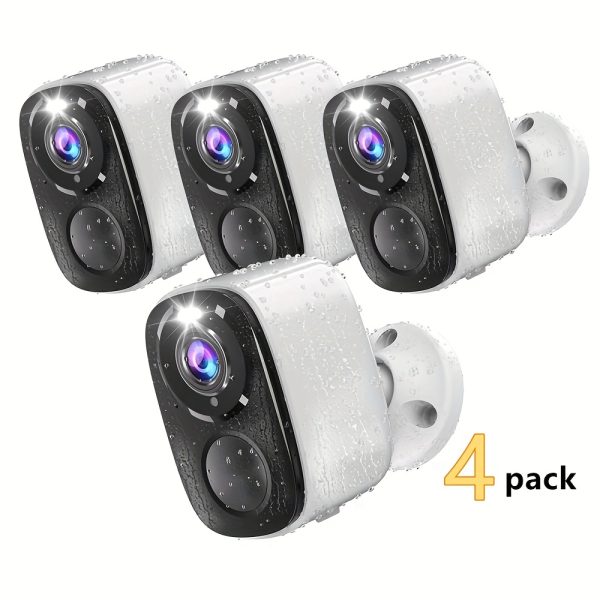 4 Sets 2.4Ghz wifi Outdoor Indoor Wireless Security Home Camera, 3MP FHD Video Resolutions, 5000mAh Battery Powered CCTV Camera for Home Security, Cloud/SDup To128G, No Monthly Fee, AI Motion Detection, Spotlight, Color Night Vision, WiFi Two-Way Audio Support video recording, audio playback. Secure encryption