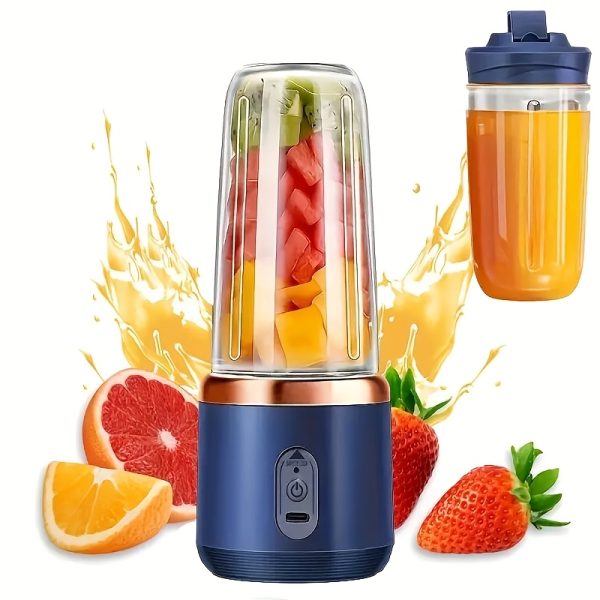 6-Blade Portable Blender & Juicer with USB Charging, Dual Cups for Smoothies, Shakes, and Iced Drinks - Dark Blue & Rose Golden Design - Perfect Gift for Valentine's Day, Thanksgiving, Christmas, Mother's Day, Healthy Drink Preparation | Sleek Modern Design | Transparent Blending Jar, Smoothie Blender