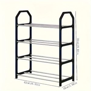 1pc 4-Tier Sturdy Metal Shoe Rack, Easy Assembly, Odorless - Ideal for Home & Business Use, Floor Standing Organizer for Entryway & Bedroom, Black with White/Blue Shoes Display, Shoe Storage Organizer