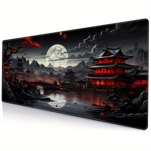 Japanese Style Full Moon River Landscape Desk Mat, Non-Slip Rubber Gaming Mouse Pad, Extended Keyboard Mat for Office and Home Decor, 89.92 x 39.88 cm