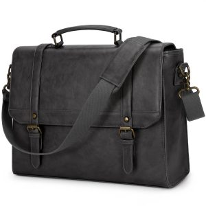 IGOLUMON Vintage Brown PU Leather Messenger Bag for Men, 39.62 cm Waterproof Laptop Briefcase with Polyester Lining, Large Computer Satchel Shoulder Bag for Office, Business Travel, College, Business Travel Bag | Vintage Style Bag | Sturdy Handle Bag