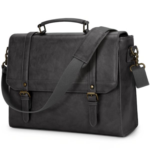 IGOLUMON Vintage Brown PU Leather Messenger Bag for Men, 39.62 cm Waterproof Laptop Briefcase with Polyester Lining, Large Computer Satchel Shoulder Bag for Office, Business Travel, College, Business Travel Bag | Vintage Style Bag | Sturdy Handle Bag