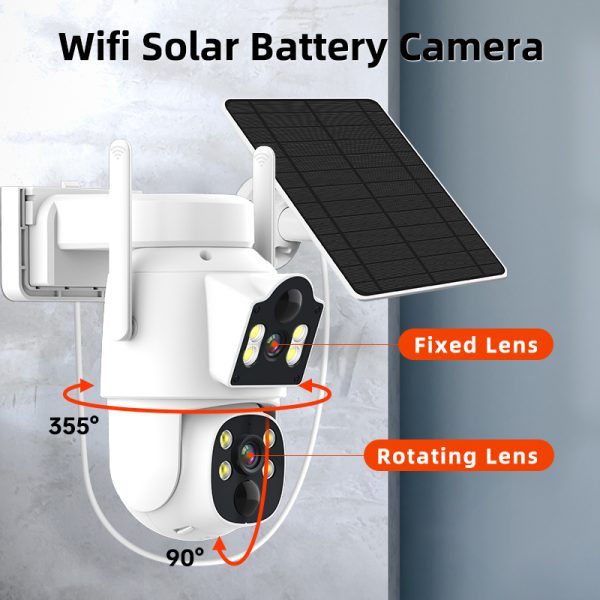 1pc Solar Powered WiFi Security Camera, Dual Lens 3MP, 2-Way Audio,, 2160p HD Video, Motion Sensor, PTZ, Wall Mount, LED Lights, USB Charging, Rechargeable Lithium Battery, Indoor/Outdoor, Application Control, Audio & Motion Alerts, AI Human Detection, SD/Cloud Storage (Not Included)