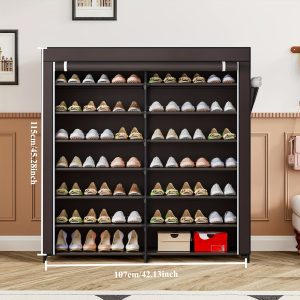 Spacious 7-Tier Black Metal Shoe Rack Organizer - Holds 42 Pairs, Dustproof Cover, Double Row Storage for Living Room Entryway - Stylish & Durable, Shoe Storage Organizer