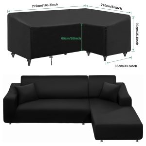 Heavy-Duty Waterproof Outdoor Sectional Sofa Cover for Right-Hand L-Shaped Chaise Lounges, UV-Resistant Polyester, Black, 270x210cm with Straps & Ventilation Holes, All-Weather Protection for Patio, Garden, and Poolside Furniture
