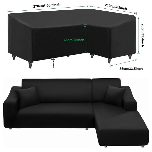 Heavy-Duty Waterproof Outdoor Sectional Sofa Cover for Right-Hand L-Shaped Chaise Lounges, UV-Resistant Polyester, Black, 270x210cm with Straps & Ventilation Holes, All-Weather Protection for Patio, Garden, and Poolside Furniture