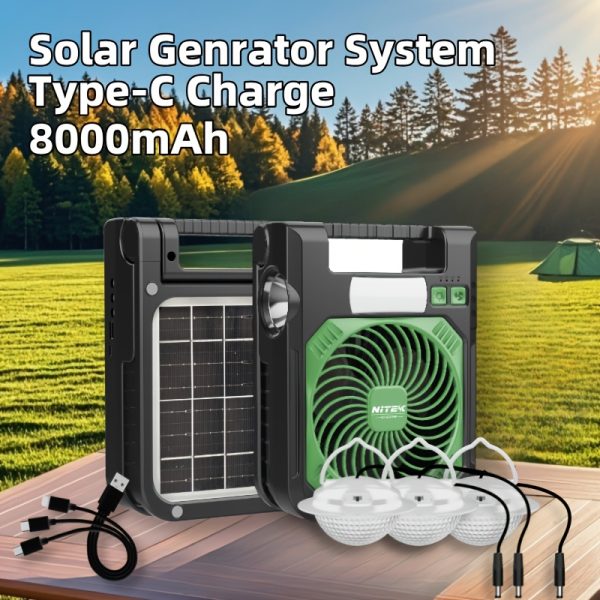 NITEK 9000mAh Ultra Portable Solar Generator, USB Rechargeable, Lithium Battery, Compact, Powerful and Versatile, with LED Night Light and Flashlight, Folding Design, 3-Meter Wire Long Extended Bulbs, Insulation Materials, with Solar Charging, for Camping, Hiking and Emergency