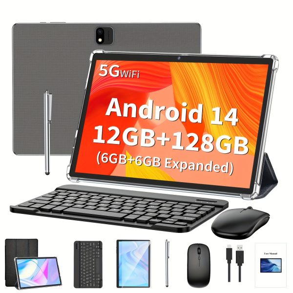 Android Tablet with Keyboard, Android 14 Tablet, 12GB(6GB+6GB)+128GB, 2in 1 Tablet, 25.4 cm Tablet with Case, Mouse, Stylus, 2.4G/5G Wireless