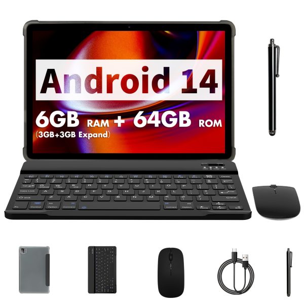 VASOUN 10.1-Inch Android 14 Tablet, 2-in-1 with Keyboard, Mouse, Protective Case & Stylus | 64GB Storage + 6GB RAM (3GB+3GB Expansion) | 8MP Camera, 6000mAh Battery, 1280x800 IPS Display | Dual WiFi (2.4G+5G), Stereo Speakers, Type-C Charging | 2024 Model