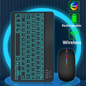 Compact Wireless Keyboard & Mouse Set with 7-Color Backlit, Rechargeable Wireless Combo for iPad, Tablets, and Laptops - Ergonomic Design