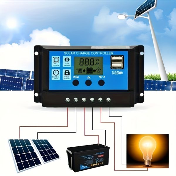 Smart Solar Charge Controller with LCD Display - 12V/24V, Customizable Timer, Dual USB Outputs, Multiple Protection Systems