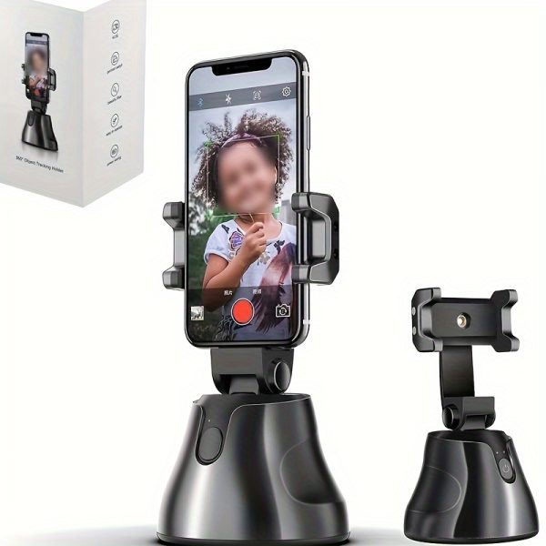 360 Rotation Auto Tracking Phone Holder Tripod Selfie Stick With Remote, Smart Following Face And Object Tracking Tripod Stand Phone Holder Mount Black