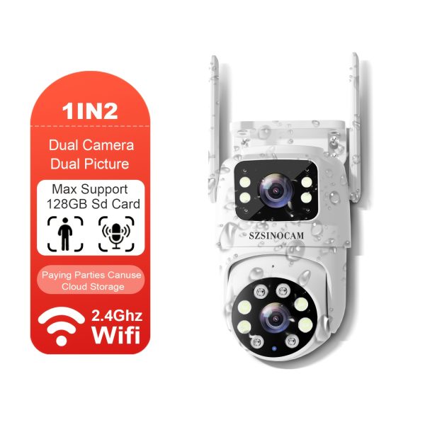 Dual Lens WiFi Security Camera Outdoor, 2.4ghz Wireless IP Surveillance CCTV Monitor with AI Human Tracking, Color Night Vision, Two-Way Audio, Pan Tilt Rotation, App Control, USB Powered - No TF Card Included, SZSINOCAM