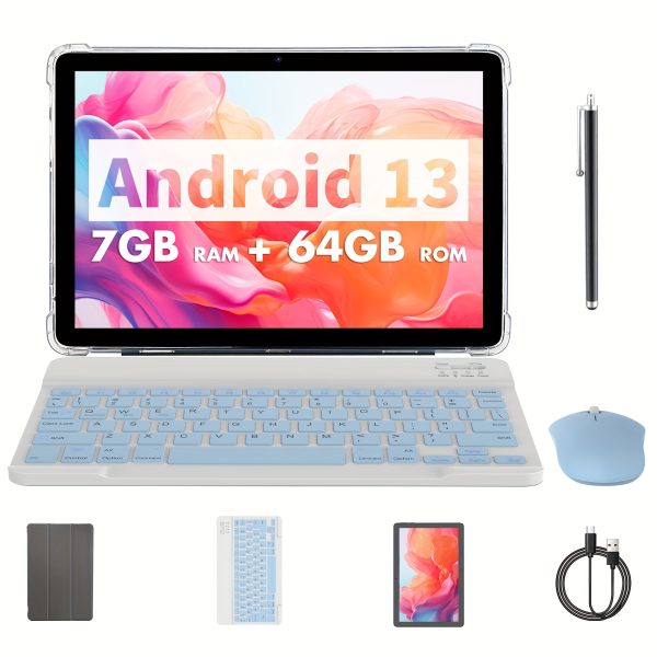 ROENLLCE 10.1-Inch Tablet with Android 13 Operating System, Includes Keyboard, Mouse, Case, Stylus, 7GB (3GB + 4GB Expandable Memory) RAM + 64GB ROM, Dual Cameras with 2MP Front And 8MP Rear, And a 1280*800 IPS HD Display.