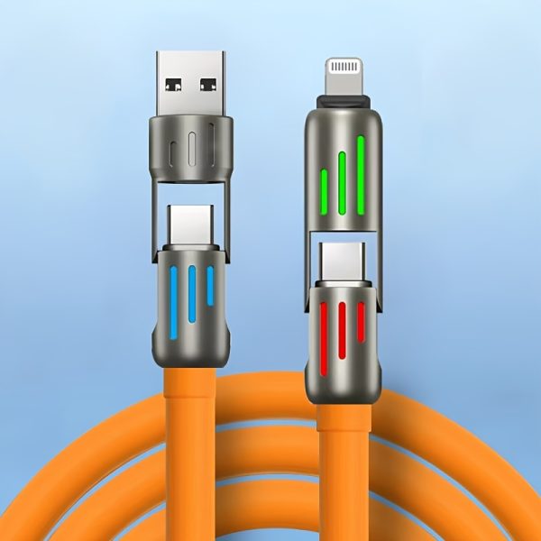 100W Max 4-in-1 USB-C Cable, PD Super Fast Charging and Data Synchronization, Silicone Material, Multi-Port Charging with Ccolor Light, Suitable for iPhone, for MacBook, for iPad, for SamSung, Xiaomi