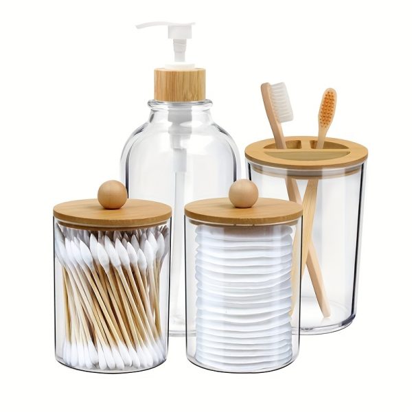 4pcs Bamboo Bathroom Accessories Soap Dispenser, Cotton Swab Holder Jars, Toothbrush Holder, Boho Bathroom Decor Storage Box, Aesthetic Room Decor, Home Decor, Kitchen Accessories, Bathroom Decor, Bedroom Decor