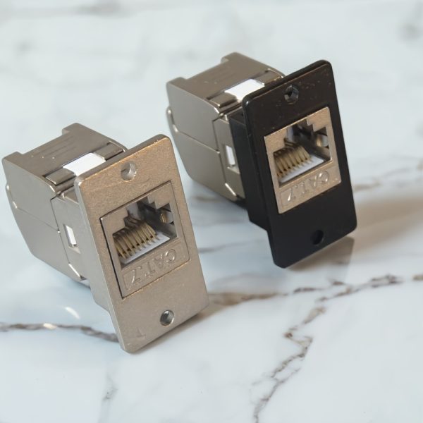 One Piece, Two Pieces of Black And Silver Shielded RJ45 CAT.7 Connectors with Screws, Tool-Free Metal Zinc Alloy Panel for Computer Network Adapters.