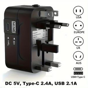 1pc Travel Adapter with USB & Type-C Ports, All-in-One Wall Charger for USA, EU, UK, AUS & More, Compact Design with Multiple Slots for Efficient Power Management