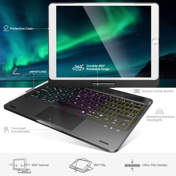 IPad 9th Generation Case With Keyboard 360° Rotatable Touchpad And 7 Color Backlight & Pencil Holder For IPad 9th/8th/7th Gen 10.2 Inch & IPad Air 3rd Gen/iPad Pro 10.5 Inch - Black