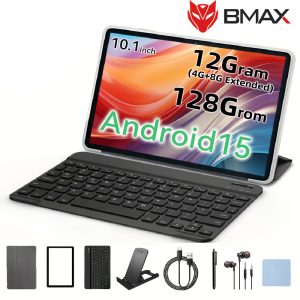 BMAX i10 Plus Tablet T606 - 8GB RAM, 128GB ROM, 25.65cm IPS Display, 5MP Front & 8MP Back Camera, Type-C with Keyboard, Case, Stylus, Stand, Earphones, Protective Film - Android 15 Ready, Productivity Tablet | Sleek Metallic Finish | Highresolution Display, Tablet Holder Stand