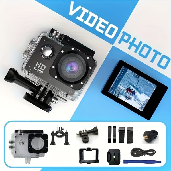 1080P HD Action Camera with 140° Ultra-Wide Lens, Automatic Exposure, Digital Stabilization, Fish Eye Effect, Rechargeable Battery, SD Card Storage, MP4 Video Format for Outdoor Sports Shooting