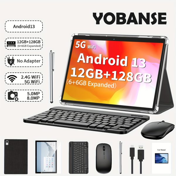 Android Tablet with Keyboard, Android 13 Tablet, 12GB(6GB+6GB)+128GB, 2in 1 Tablet, 25.4 cm Tablet with Case, Mouse, Stylus, 2.4G/5G Wireless