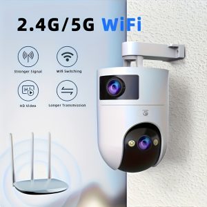 1pc JOOAN Dual Lens 3MP+3MP WiFi Security Camera with 64GB Memory Card, AI Tracking, Full Color Night Vision, 5X Digital Zoom, 2-Way Audio, Alarm Notification, Remote Control via APP, Supports 5 Shared Users, USB Powered, ≤36V, No Battery Required