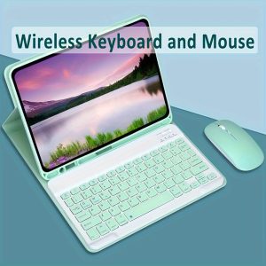 Portable Wireless Keyboard and Mouse Combo for iPad, Android, Samsung, Xiaomi Tablets - Wireless Connectivity, Rechargeable Battery, Optical Motion Detection, Light Green & White Design, Wireless Mouse