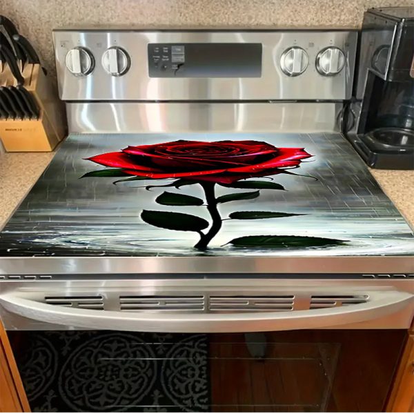 1pc Stylish Red Rose Gas Stove Burner Cover - High Heat Resistant, Scratch-Resistant, Easy to Clean, Polyester Fiber, Elegant Floral Design for Any Kitchen, Kitchen Burner Cover | Decorative Stove Mat | Heatresistant Fabric, Stove Top Protectors