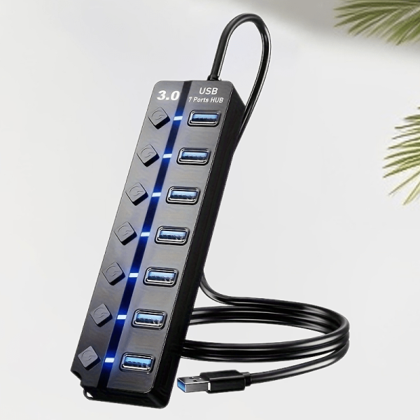 USB 3.0 Hub, 7-Port Splitter with Independent On/Off Switches and LED Indicators, 3.2 ft/1 m Cable, Compatible with MacBook, Laptop, Surface Pro, PS4, PC, Flash Drives, External Hard Drives