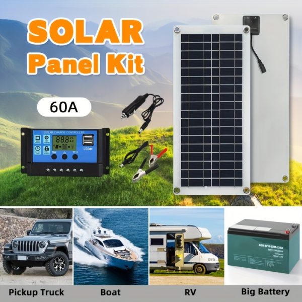 60A Controller Output 12V-18V-24V Portable Solar Panel Kit with USB 5V Solar Charger Suitable for Mobile Power, Camping, Hiking, Car, Boat, Phone, Watch, Solar Panel Dual Power Camping Accessories, Garden Houses
