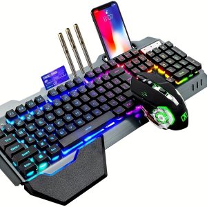 Rainbow Backlit Wireless Gaming Keyboard and Mouse Set, 3800mAh Rechargeable Battery, Aluminum Alloy Panel, Ergonomic Ambidextrous Design, Mechanical Feel, 7-Color Silent Mouse, USB-C Charging, for PC Gamers