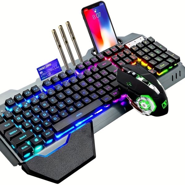 Rainbow Backlit Wireless Gaming Keyboard and Mouse Set, 3800mAh Rechargeable Battery, Aluminum Alloy Panel, Ergonomic Ambidextrous Design, Mechanical Feel, 7-Color Silent Mouse, USB-C Charging, for PC Gamers