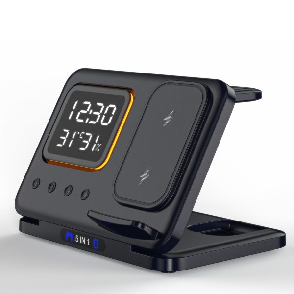 Wireless Charger with Alarm, DH15-5 5-in-1 Magnetic Charging Dock, Quick Charge, Time & Temperature Display, Compatible with iPhone 16/16 Pro Max/15/14/13/12/11 Pro/Pro Max, iWatch Series 9/Ultra 2/8/7/SE/SE2/6/5, AirPods 3/Pro/2, USB Type-C, Travel-Friendly, ≤36V Operating Voltage, Non-rechargeable Button Battery