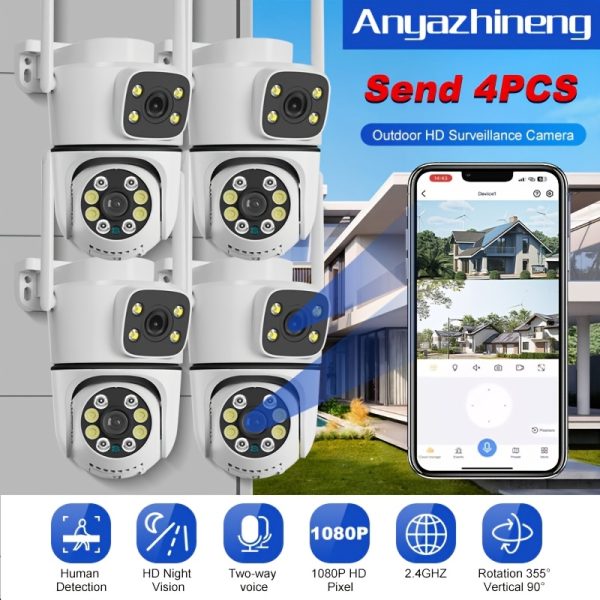 4pcs Outdoor Security Camera 1080P HD Surveillance for Door Surveillance Dual Lens Dual Picture Lens Rotation 355° Vertical 90° with Night Vision Bi-directional Voice Motion Detection for Home Surveillance, Outdoor Security Camera, 1080P HD, Dual Lens, Night Vision, Motion Detection