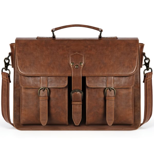 Vintage Brown PU Leather Laptop Briefcase for Men - 39.62 cm Waterproof Messenger Bag with Multiple Compartments, Adjustable Shoulder Strap & Padded Lining, Perfect for Office, Travel & College, Laptop Bag, NUBILY
