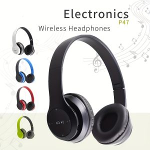 P47 Wireless Over-Ear Headphones, Active Noise Cancellation, Retractable Cable, Condenser Microphone, Universal Phone Control, 3.5mm Jack, Type-C Charging, Non-Waterproof, for Gaming, Adult - Black