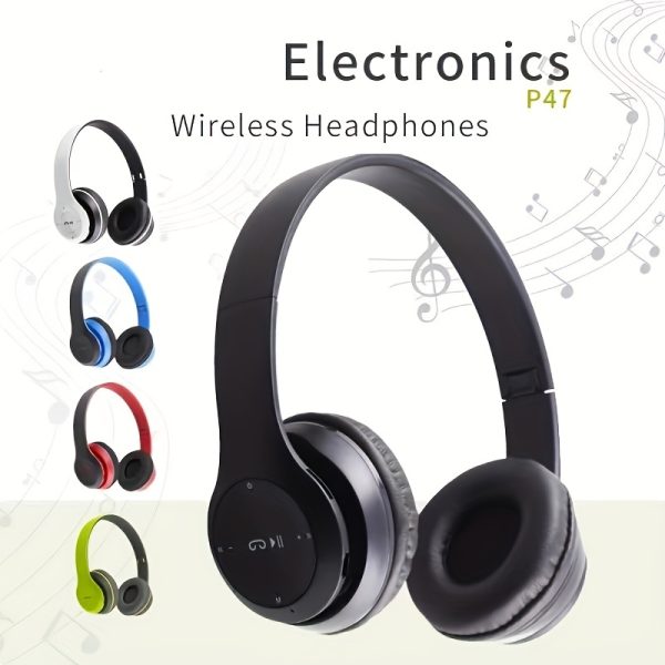 P47 Wireless Over-Ear Headphones, Active Noise Cancellation, Retractable Cable, Condenser Microphone, Universal Phone Control, 3.5mm Jack, Type-C Charging, Non-Waterproof, for Gaming, Adult - Black