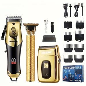 WEEME Professional Hair Clippers for Men Set, USB Rechargeable 2300mAh Lithium Battery, Low Noise Operation, with Golden Trimmer, Shaver, T-Blade, 8 Guide Combs, 3 USB Charging Cables, 3 Cleaning Brushes, Comb, for Grooming Gift Set