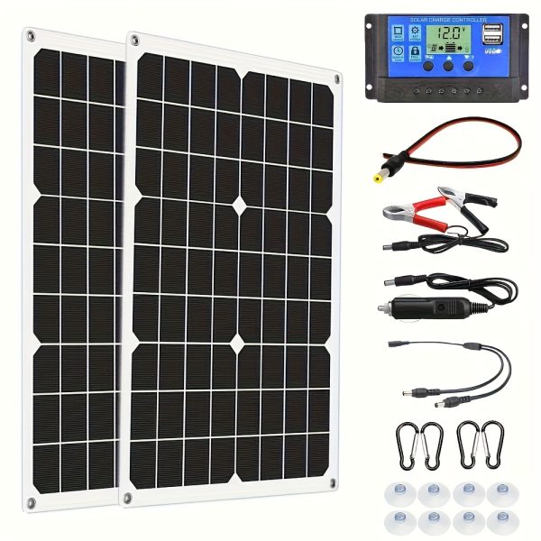 1/2pcs 40W Dual USB Solar Panel Kit, 2*20W Solar Cells with/Without 100A Controller, Male to Male Connector, Solar Powered, ≤36V Operating Voltage, 30-50W Output Power, for Car, Yacht, RV, Boat, Home Camping Battery Charger